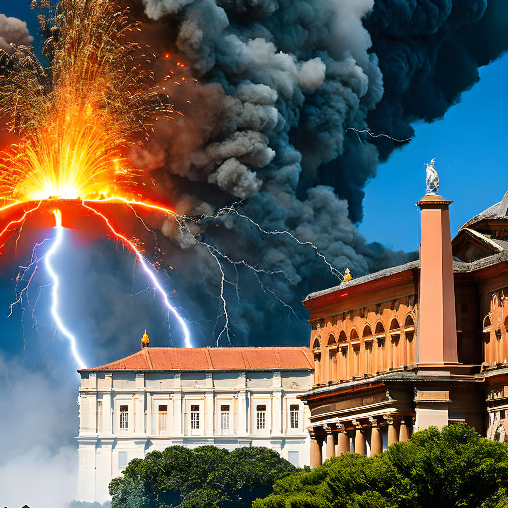 Volcanic eruption and lightning near classical building with fireworks.