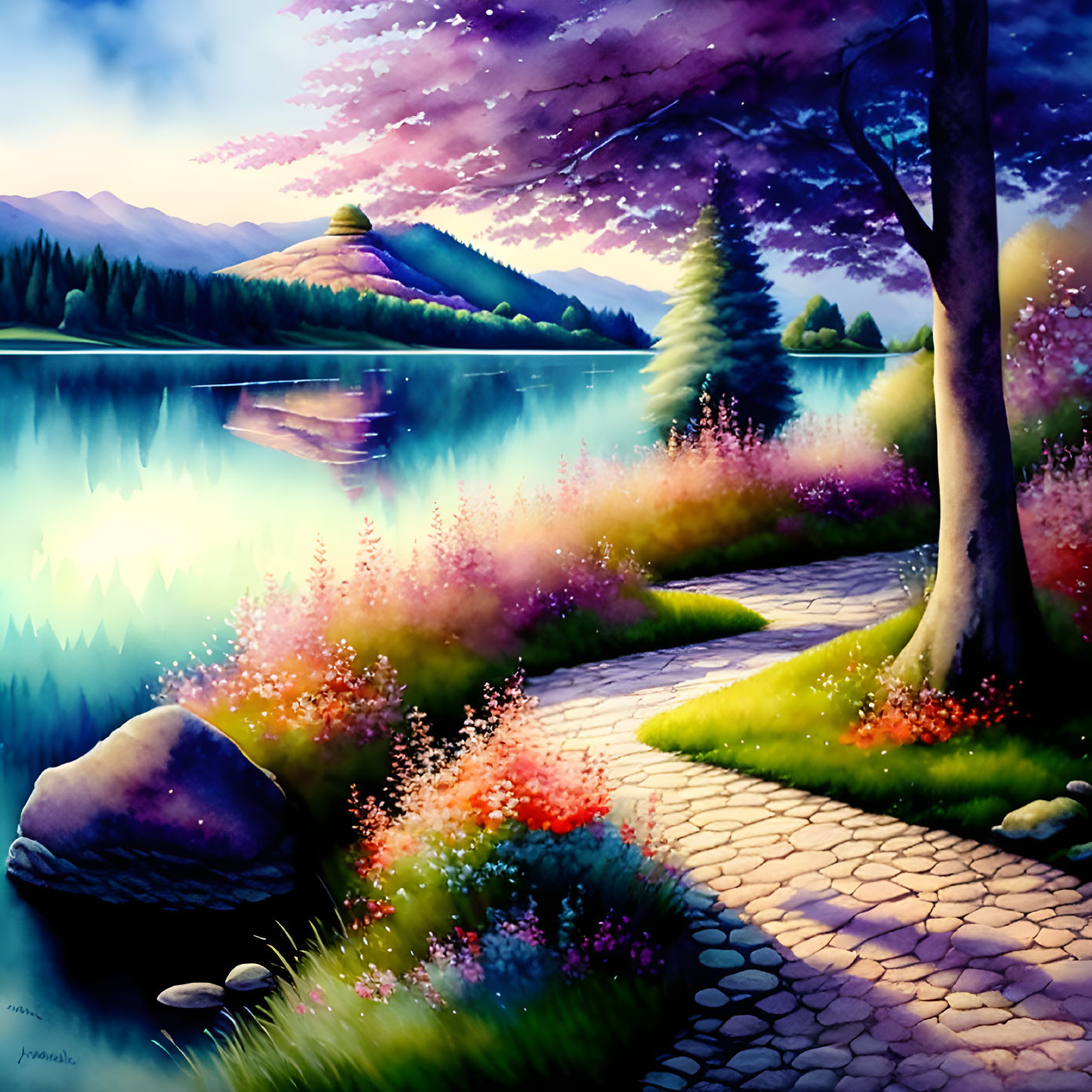 Colorful Landscape Painting: Cobblestone Path by Tranquil Lake