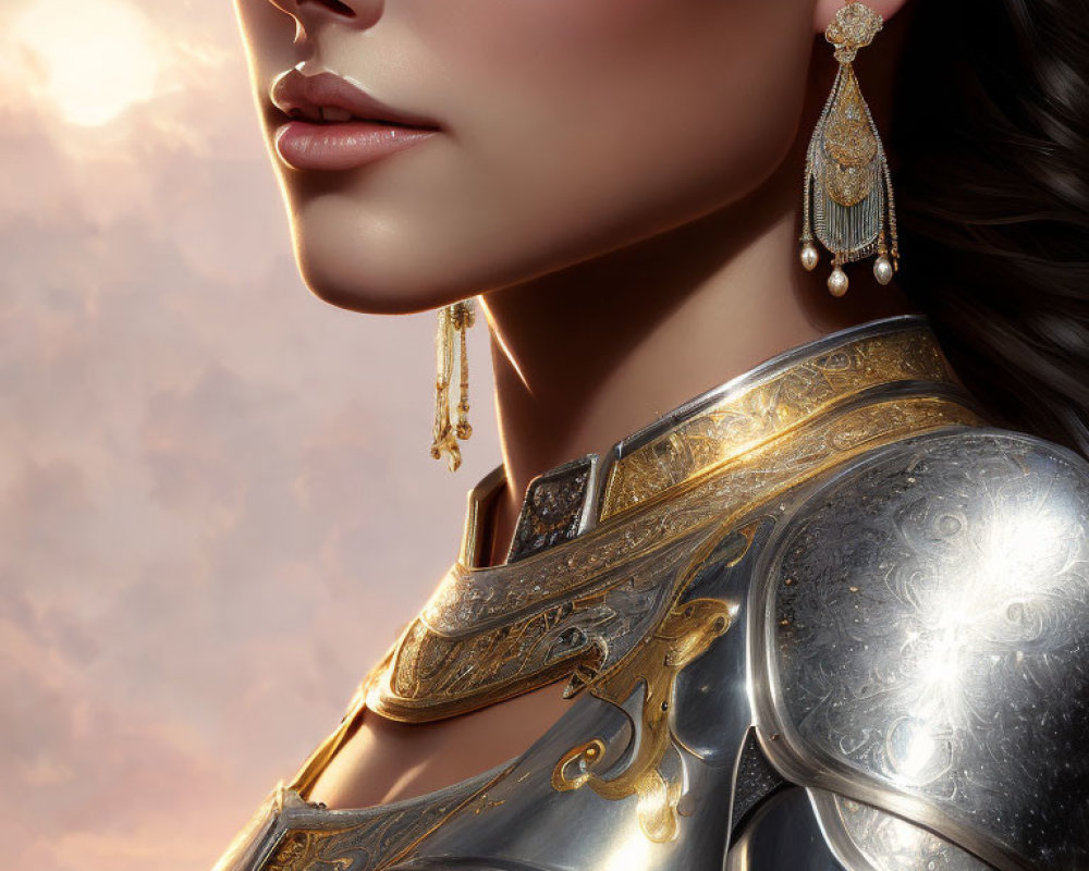Elegant woman in golden armor and chandelier earrings in fantasy setting