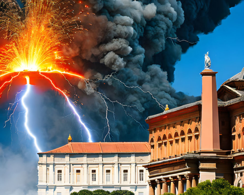 Volcanic eruption and lightning near classical building with fireworks.