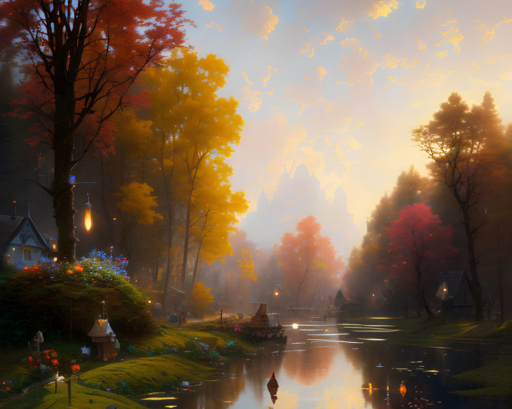 Tranquil autumn landscape with colorful trees, river, lampposts, cottage, and drifting