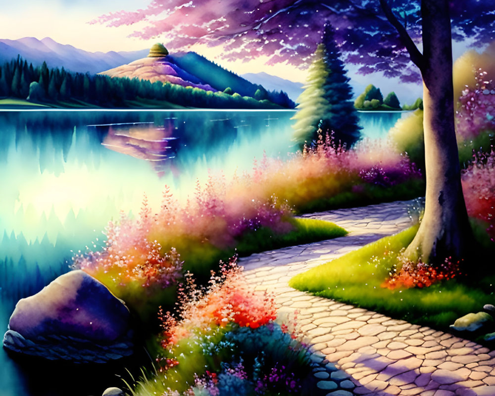 Colorful Landscape Painting: Cobblestone Path by Tranquil Lake