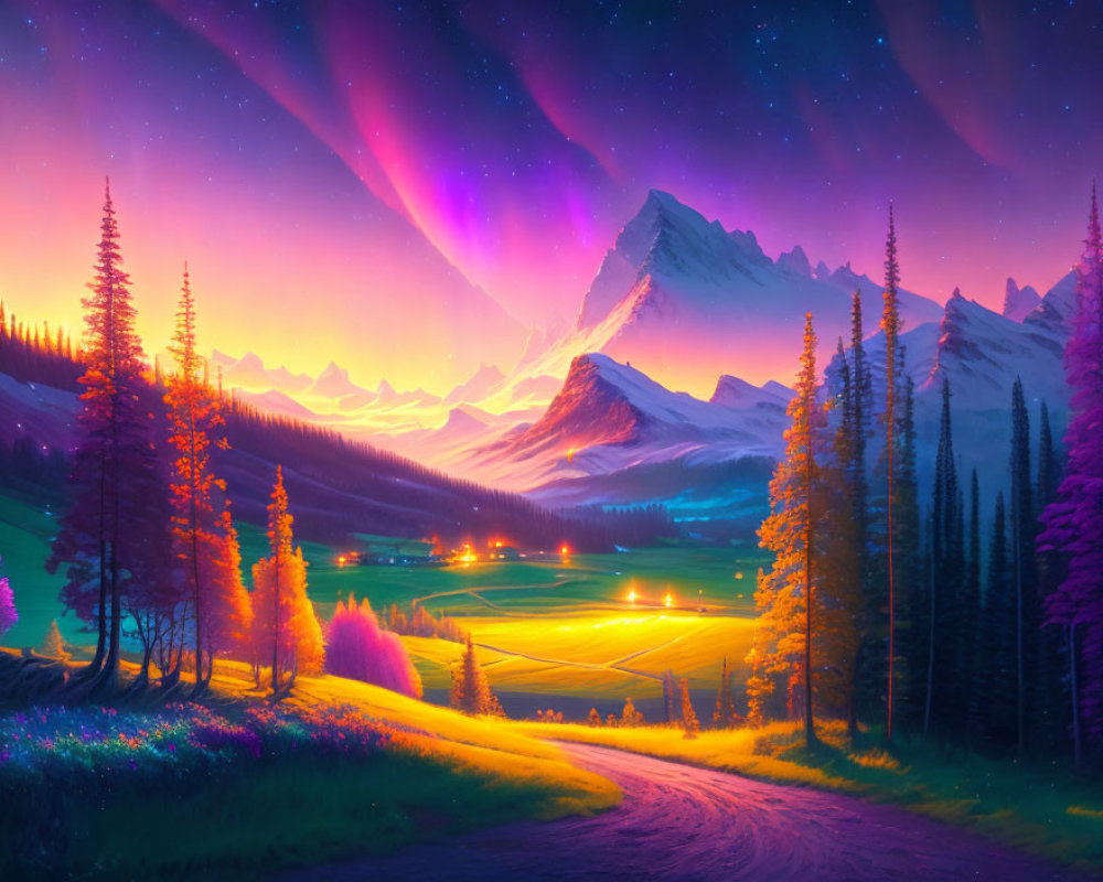 Colorful Forest Path Leading to Mountain under Starry Sky at Sunset