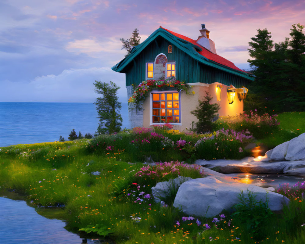 Red-roofed house by the sea at twilight surrounded by lush greenery