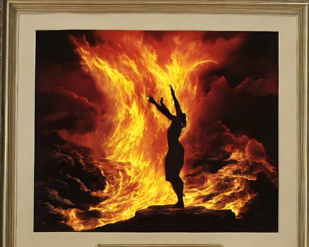 Silhouette of Person with Raised Arms Amid Intense Flames
