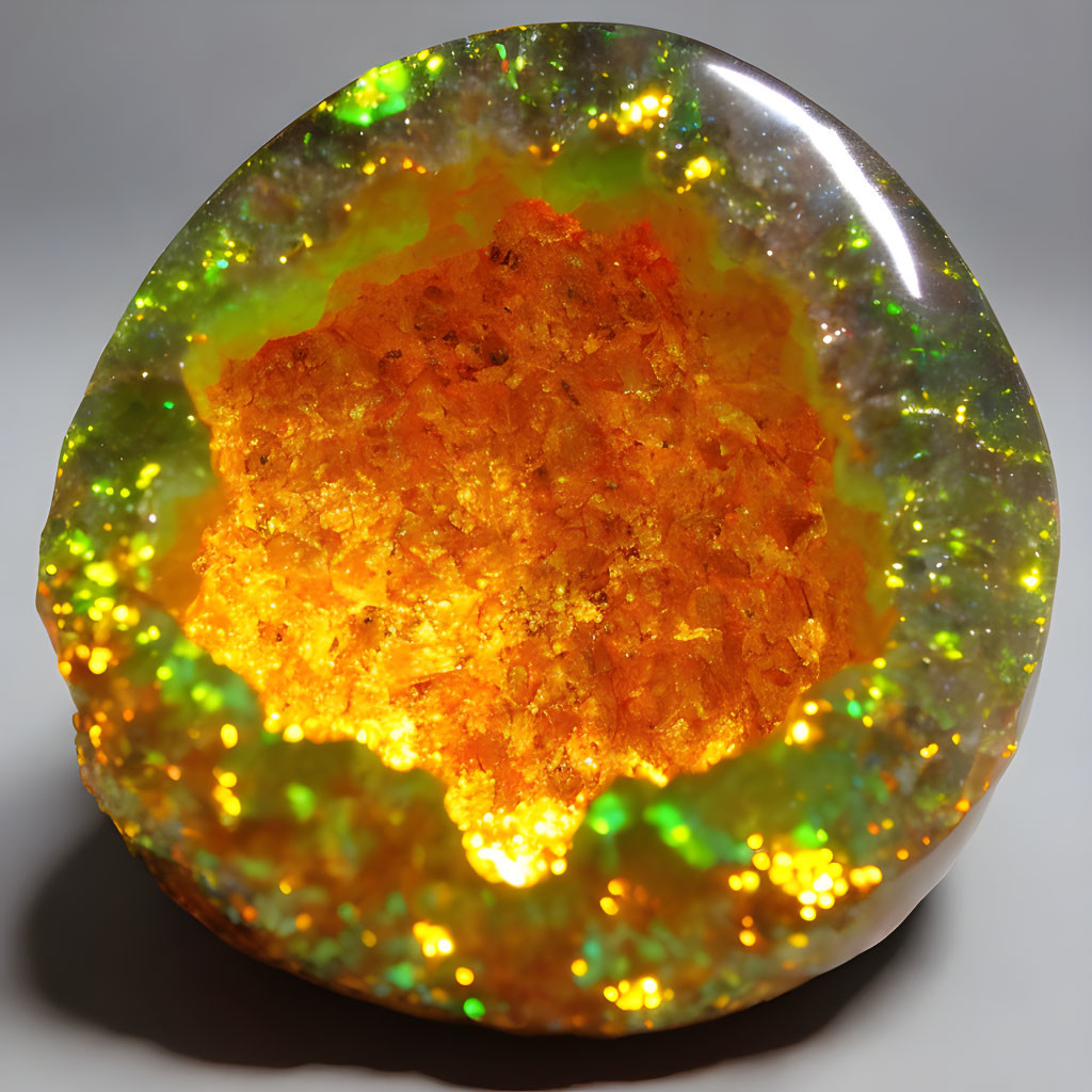 Colorful Opal Gemstone with Fiery Orange Center and Green/Yellow Speckles