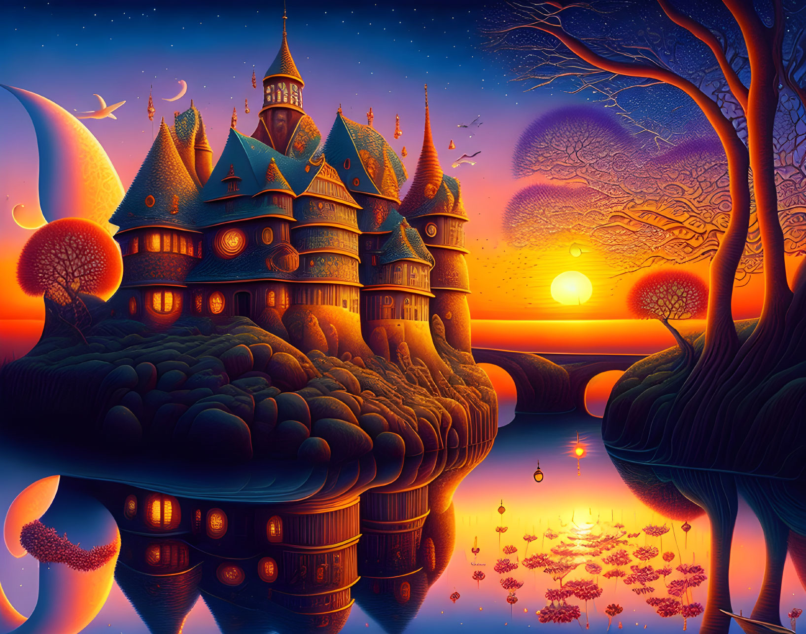 Fantasy sunset landscape with enchanted castle, whimsical trees, lake, crescent moon