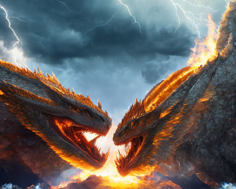 Fantasy artwork: Two dragons under stormy sky with glowing throats