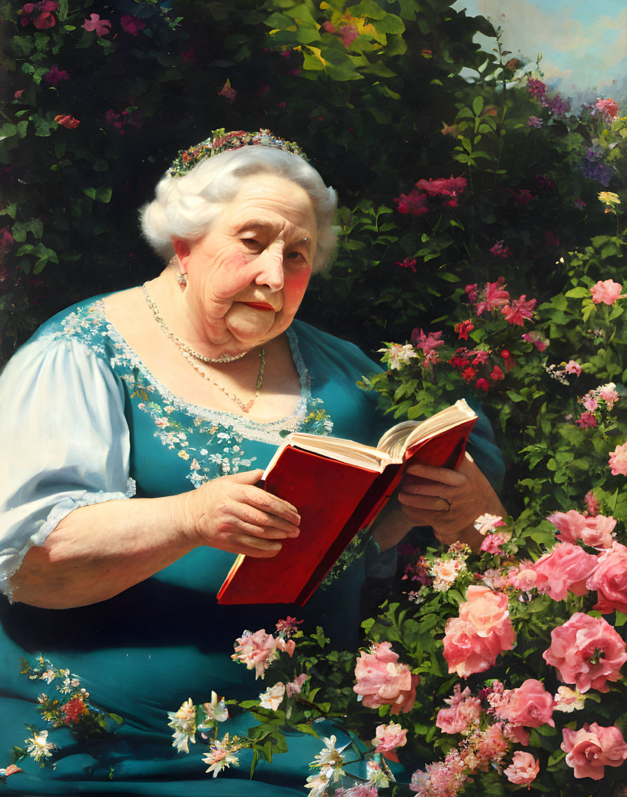 Elderly Woman with Tiara Reading Red Book in Rose Garden