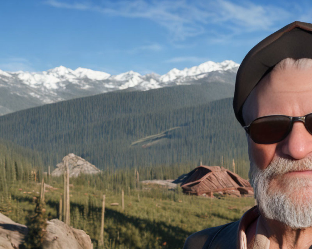 Elderly man in sunglasses and cap smiles against mountain backdrop