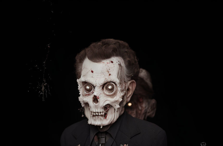 Zombie mask with blood stains and exposed teeth in a suit against dark background