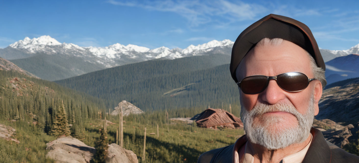 Elderly man in sunglasses and cap smiles against mountain backdrop