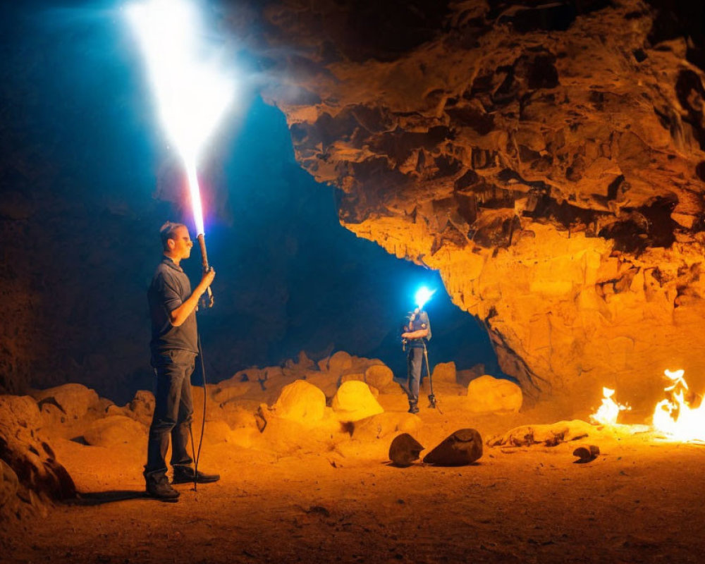 Explorers with flashlights in cave near fire and sunlight beam