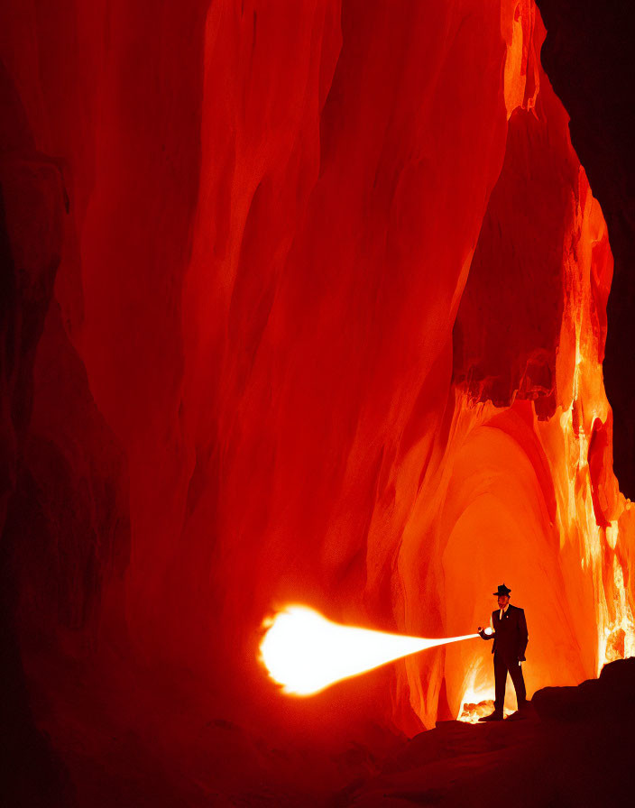 Person in Dark Outfit with Fiery Light and Stream of Fire in Glowing Cave