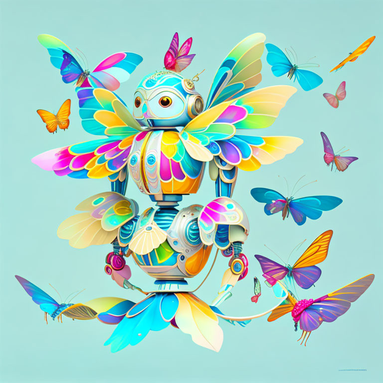 Colorful Digital Artwork: Whimsical Mechanical Owl & Butterflies on Blue Background