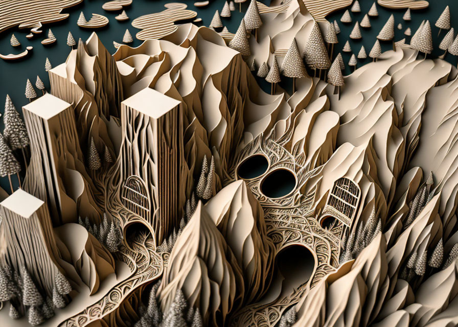 Detailed 3D Paper-Like Landscape with Trees and Mountains