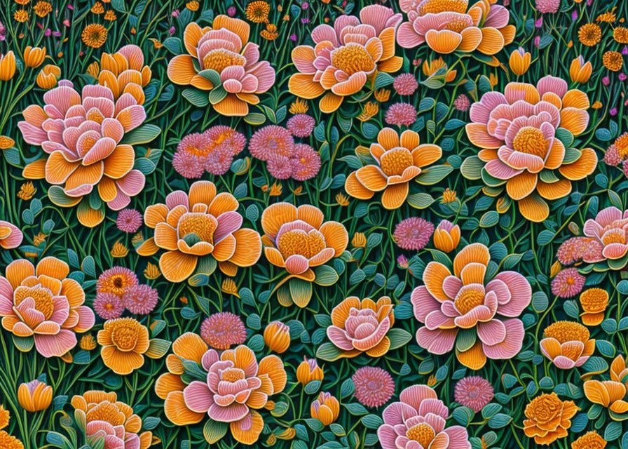 Layered pink and orange floral pattern with green foliage - Dense botanical tapestry