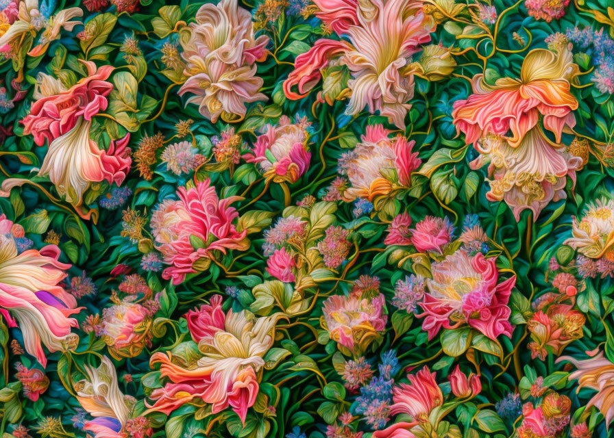 Colorful digitally-altered floral pattern with rich textures in 3D.