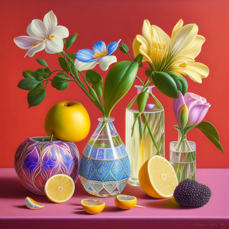 Colorful Still Life Painting with Flowers, Fruits, and Vases