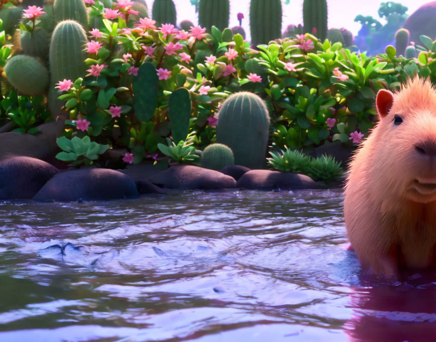 Capybara bathing in pond with cacti and flowers