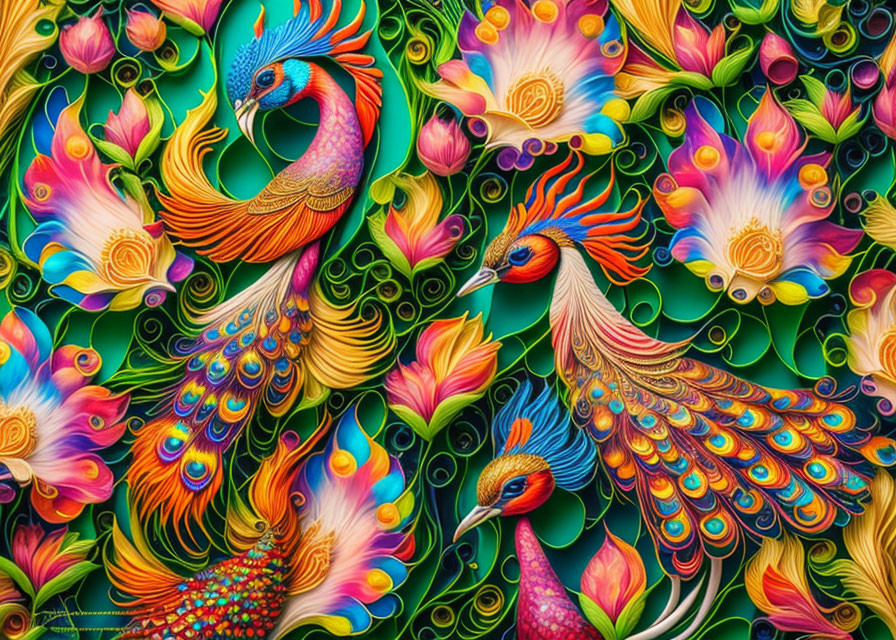 Colorful Stylized Peacocks Artwork with Floral Background