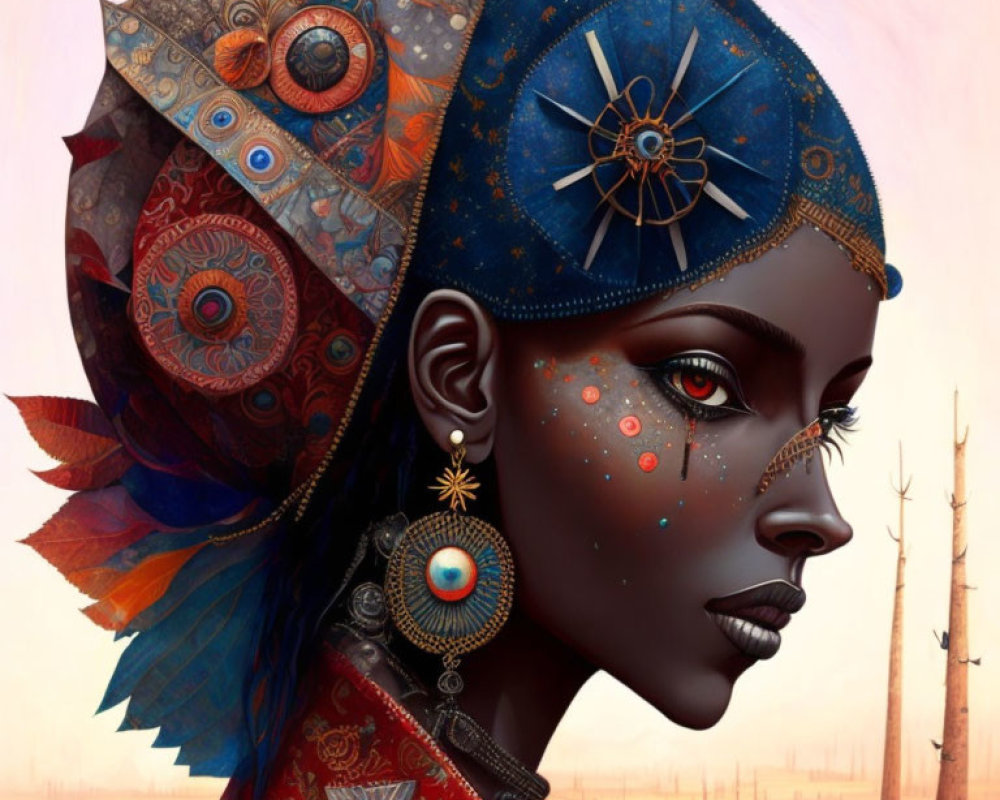 Digital Artwork: Woman with Ornate Headdress and Jewelry