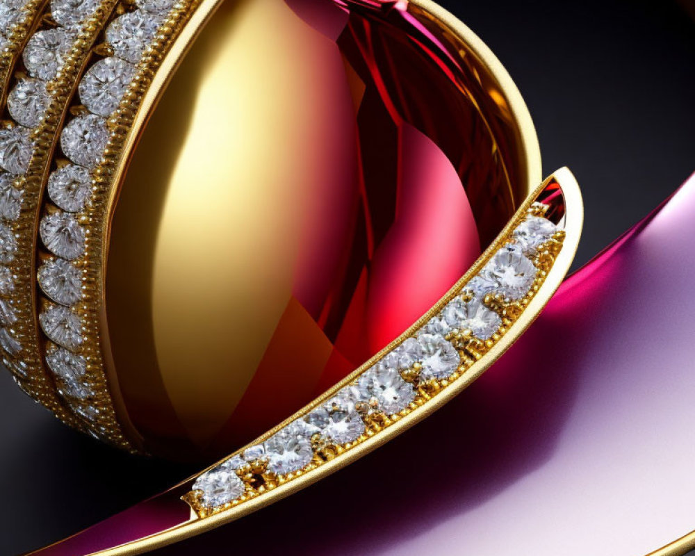 Diamond-embedded gold bands on swirling red and pink abstract backdrop