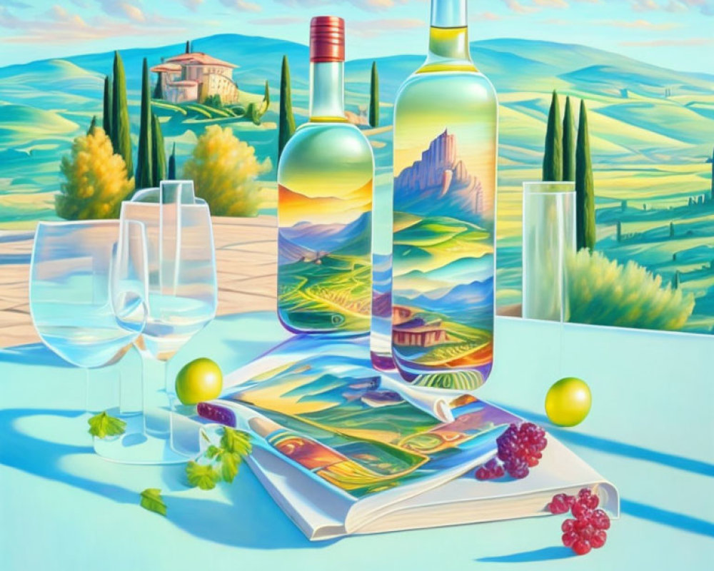 Still life with wine bottles, landscapes, wineglasses, grapes, book, and olives on
