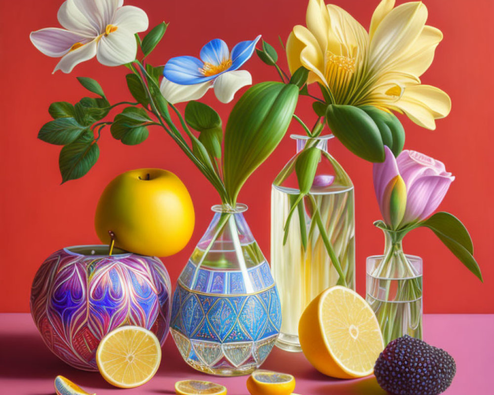 Colorful Still Life Painting with Flowers, Fruits, and Vases