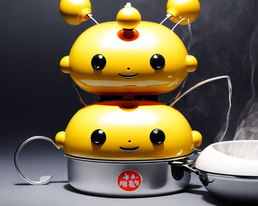 Whimsical yellow two-tier steamer with cute face and antenna features