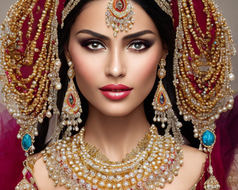 Traditional South Asian Bridal Jewelry with Gold, Pearls, and Gemstones