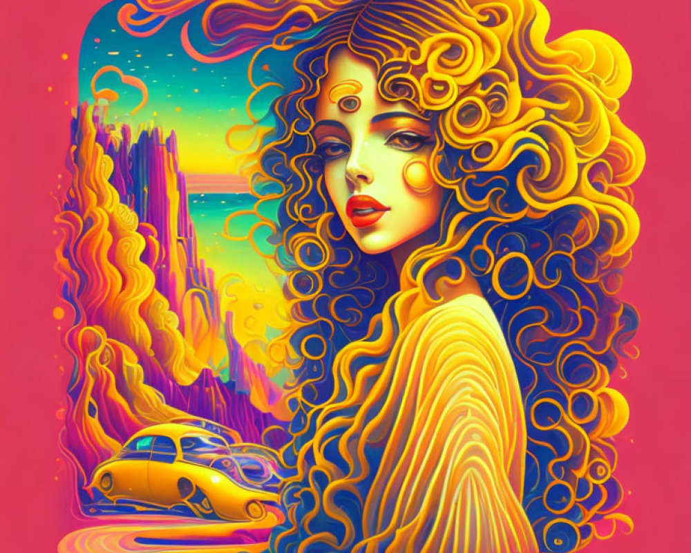 Colorful Psychedelic Woman Illustration with Celestial Elements, Castle, and Yellow Car