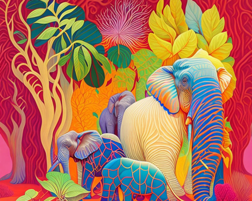 Colorful Elephant Illustration with Psychedelic Forest Theme