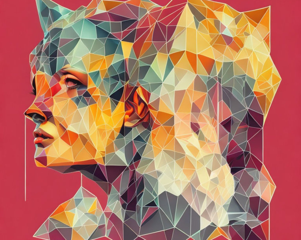 Geometric fusion of woman and lion on red background