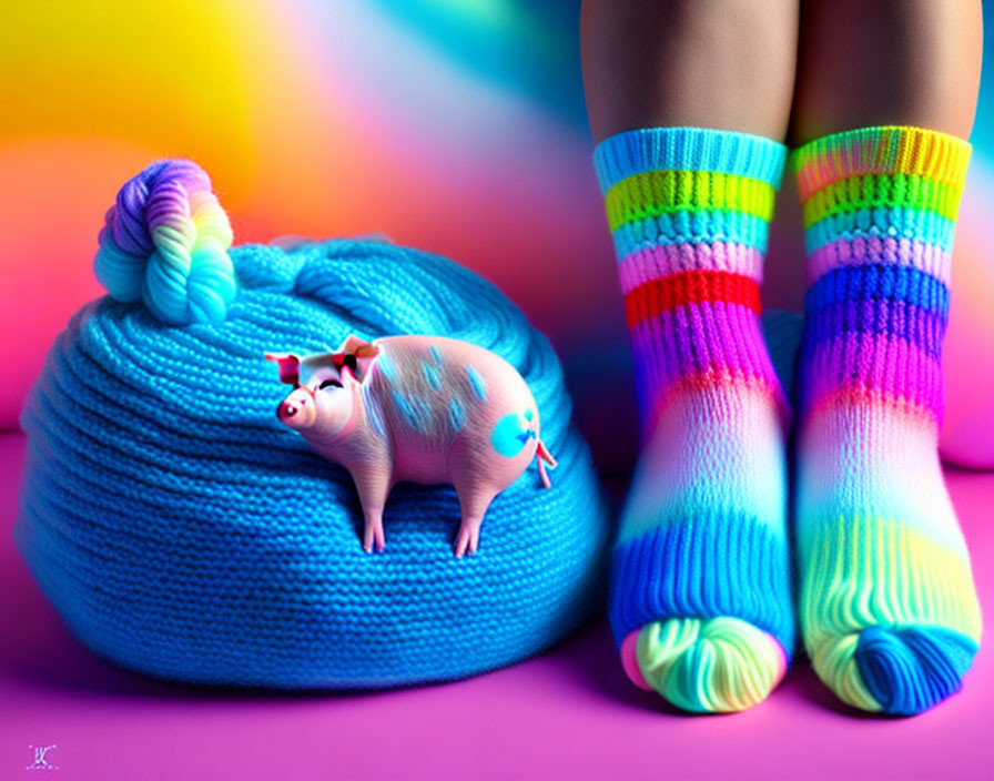 Colorful Toy Pig on Blue Yarn Ball with Striped Socks on Rainbow Background