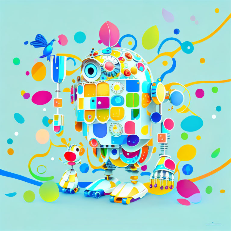 Colorful whimsical robot illustration with abstract elements on light blue background