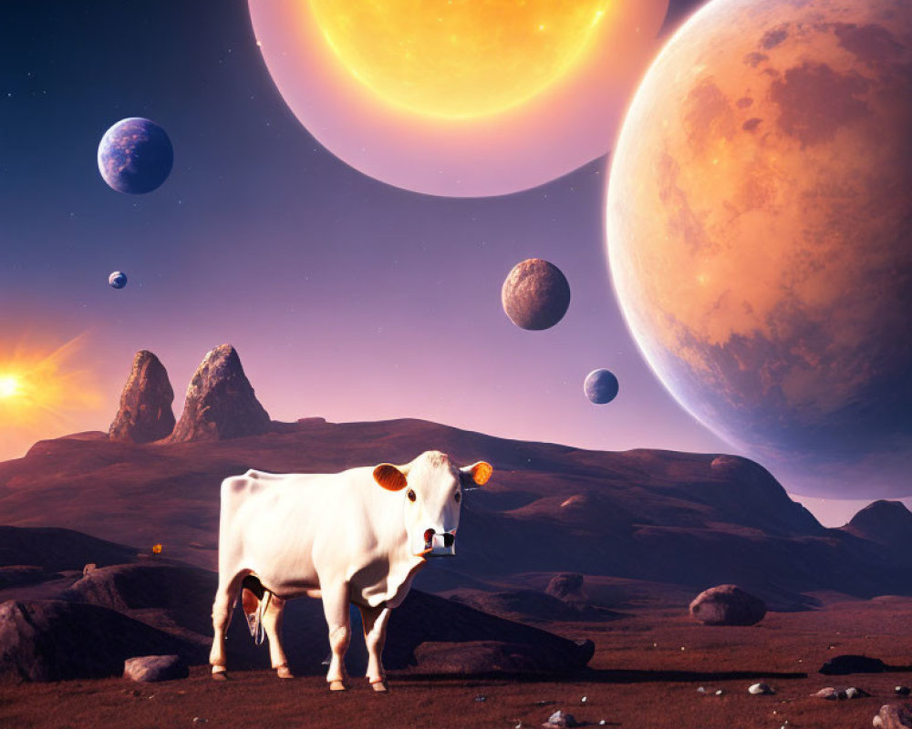 Cow on grassy plain under multiple moons and sun in surreal sky
