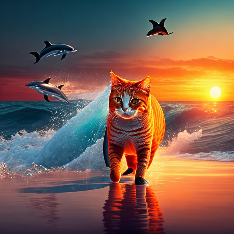 Orange Tabby Cat Walking on Beach at Sunset with Leaping Dolphins