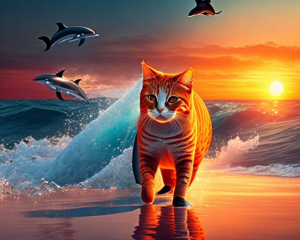 Orange Tabby Cat Walking on Beach at Sunset with Leaping Dolphins
