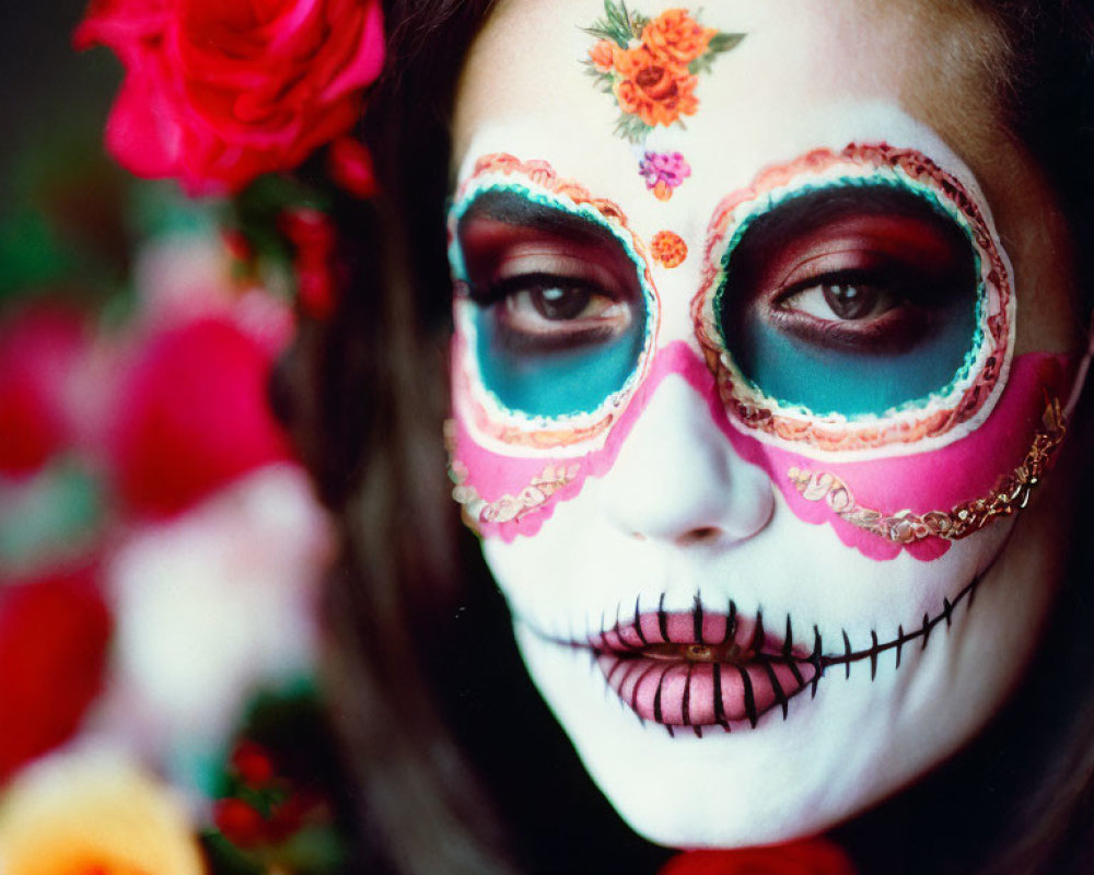 Vivid Day of the Dead sugar skull makeup with floral designs and bright roses