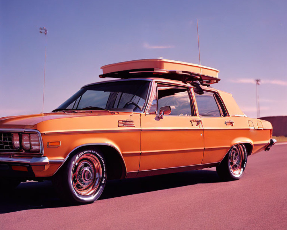 Classic Orange Station Wagon with Surfboard and Chrome Detailing
