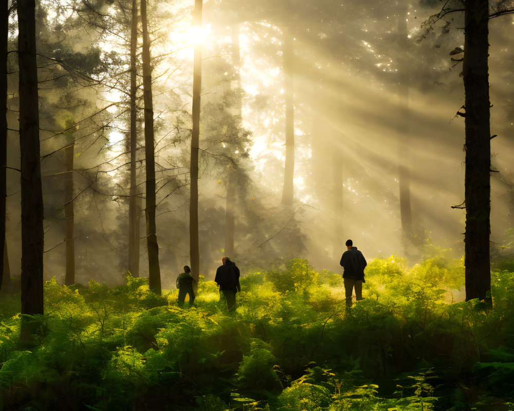 Misty forest scene with three people among ferns and tall trees