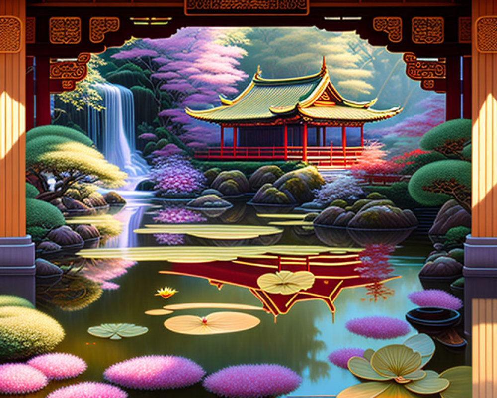 Traditional Asian pavilion by lush waterfall and serene pond with lily pads