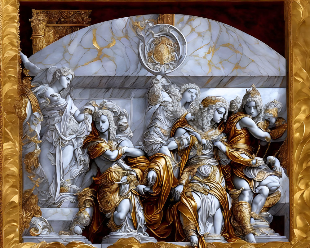 Classical Attire Bas-Relief in White and Gold with Marble Background