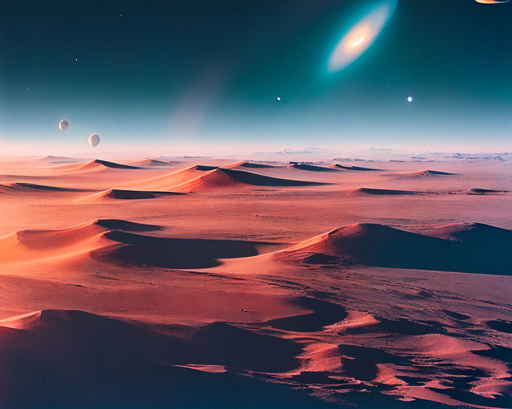 Surreal desert landscape with multiple moons and comet in colorful alien sky