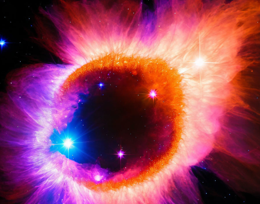 Colorful cosmic nebula with glowing orange center and purplish edges.
