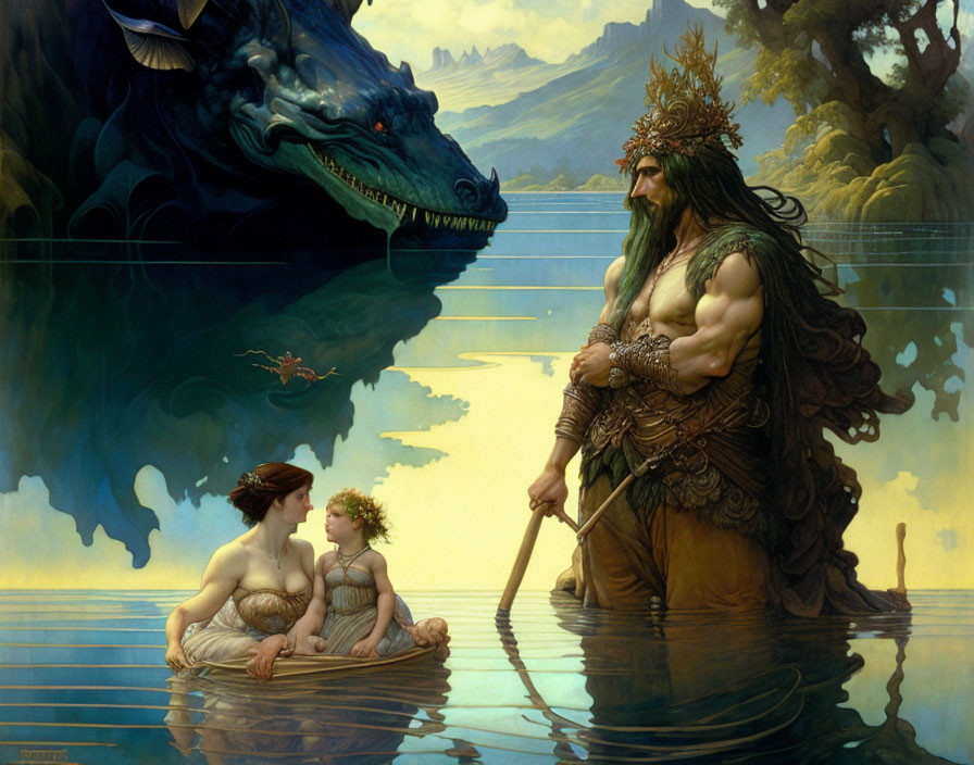 Regal king, dragon, and women in fantasy lake scene