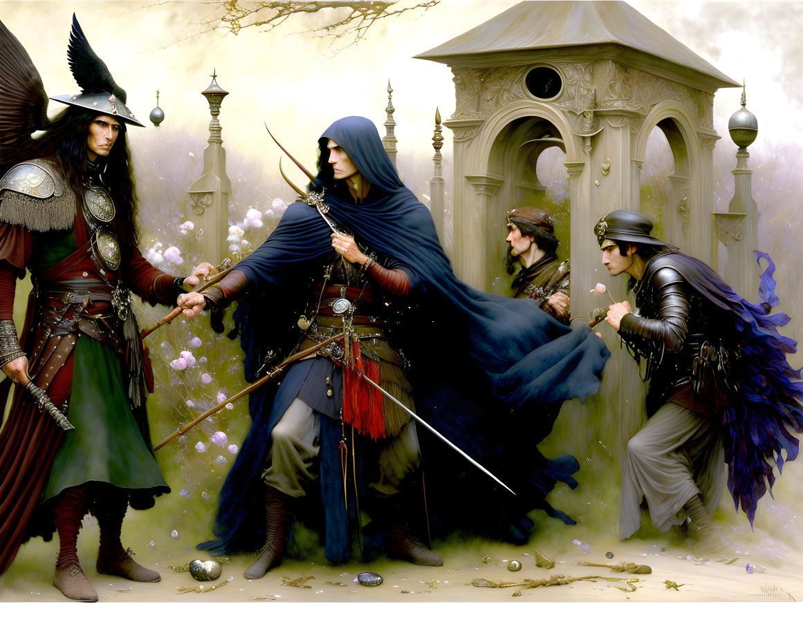 Fantasy characters in medieval attire sword duel in mystical setting with lanterns and green fog