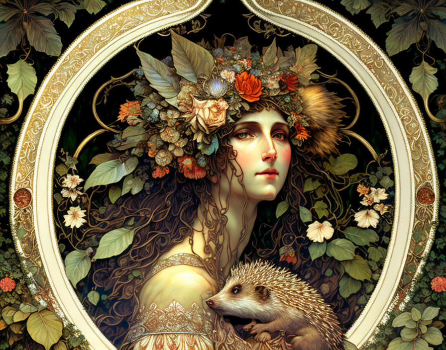 Detailed illustration of woman with floral crown and hedgehog in ornate frame