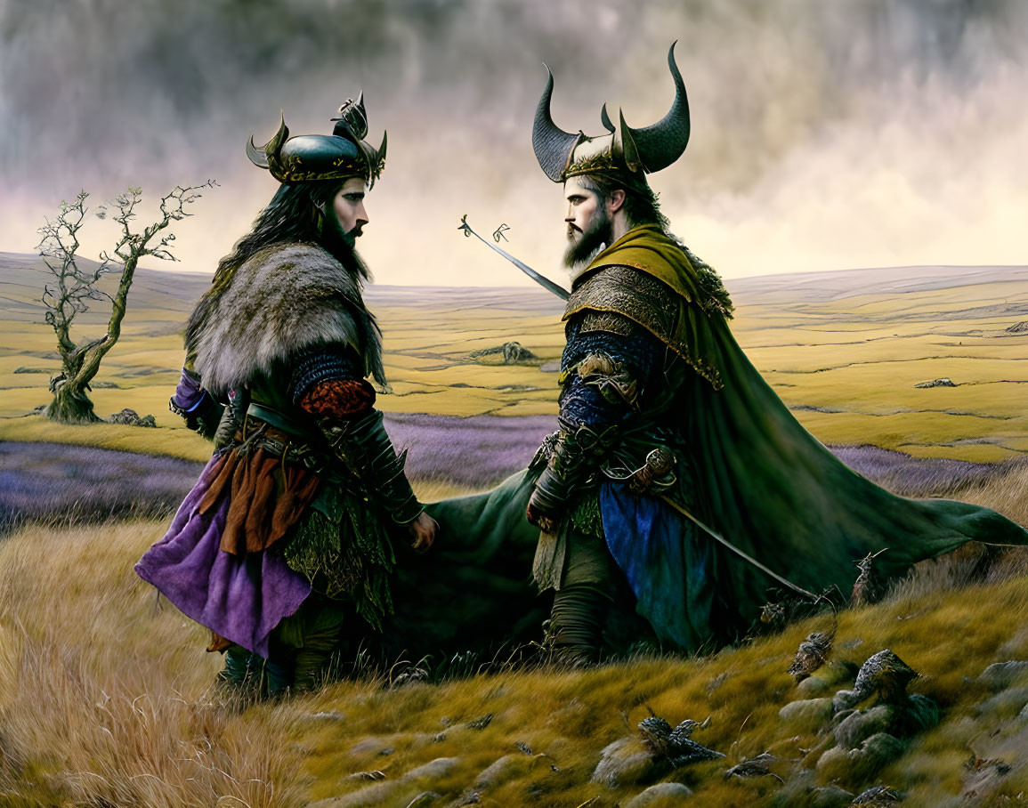 Viking characters in historical attire on grassy plain